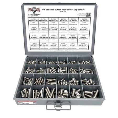 Boltsandnuts.Com Inch 18-8 Stainless Steel Allen Button Head Socket Cap Screws Bolts Assortment - 453 PCS Assortment Kit #259